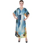 Delicate Watercolor Painting Surreal Oasis Scene With Intense Dramatic Lighting V-Neck Boho Style Maxi Dress