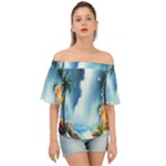 Delicate Watercolor Painting Surreal Oasis Scene With Intense Dramatic Lighting Off Shoulder Short Sleeve Top