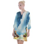 Delicate Watercolor Painting Surreal Oasis Scene With Intense Dramatic Lighting Open Neck Shift Dress