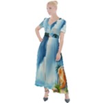 Delicate Watercolor Painting Surreal Oasis Scene With Intense Dramatic Lighting Button Up Short Sleeve Maxi Dress