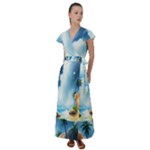 Delicate Watercolor Painting Surreal Oasis Scene With Intense Dramatic Lighting Flutter Sleeve Maxi Dress