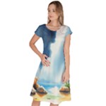 Delicate Watercolor Painting Surreal Oasis Scene With Intense Dramatic Lighting Classic Short Sleeve Dress