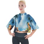 Delicate Watercolor Painting Surreal Oasis Scene With Intense Dramatic Lighting Mock Neck T-Shirt