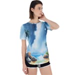 Delicate Watercolor Painting Surreal Oasis Scene With Intense Dramatic Lighting Perpetual Short Sleeve T-Shirt