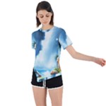 Delicate Watercolor Painting Surreal Oasis Scene With Intense Dramatic Lighting Asymmetrical Short Sleeve Sports T-Shirt