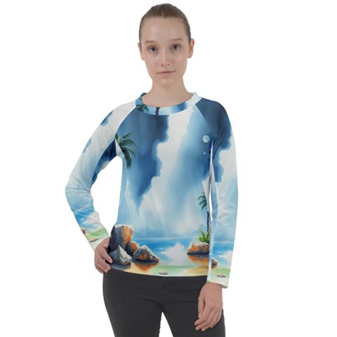 Delicate Watercolor Painting Surreal Oasis Scene With Intense Dramatic Lighting Women s Long Sleeve Raglan T