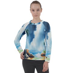 Delicate Watercolor Painting Surreal Oasis Scene With Intense Dramatic Lighting Women s Long Sleeve Raglan T