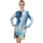 Delicate Watercolor Painting Surreal Oasis Scene With Intense Dramatic Lighting Long Sleeve Hoodie Dress