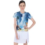 Delicate Watercolor Painting Surreal Oasis Scene With Intense Dramatic Lighting Women s Sports Top