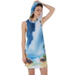 Delicate Watercolor Painting Surreal Oasis Scene With Intense Dramatic Lighting Racer Back Hoodie Dress