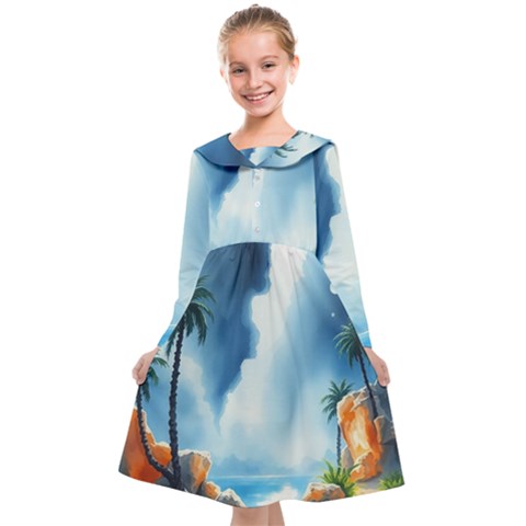 Delicate Watercolor Painting Surreal Oasis Scene With Intense Dramatic Lighting Kids  Midi Sailor Dress from ArtsNow.com