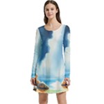 Delicate Watercolor Painting Surreal Oasis Scene With Intense Dramatic Lighting Long Sleeve Velour Skater Dress