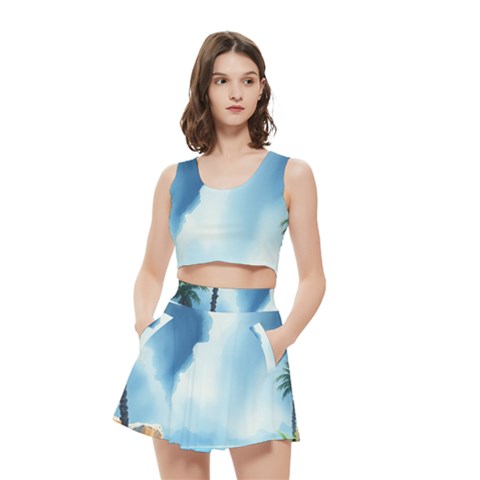 Delicate Watercolor Painting Surreal Oasis Scene With Intense Dramatic Lighting Women s Crop Top Pleated Skater Rave Skirt from ArtsNow.com