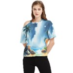 Delicate Watercolor Painting Surreal Oasis Scene With Intense Dramatic Lighting One Shoulder Cut Out T-Shirt