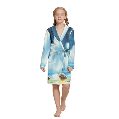 Delicate Watercolor Painting Surreal Oasis Scene With Intense Dramatic Lighting Kids  Long Sleeve Velvet Lounge Robe from ArtsNow.com