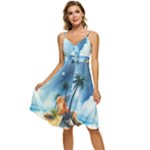 Delicate Watercolor Painting Surreal Oasis Scene With Intense Dramatic Lighting Sleeveless Tie Front Chiffon Dress