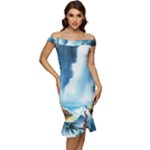 Delicate Watercolor Painting Surreal Oasis Scene With Intense Dramatic Lighting Off Shoulder Ruffle Split Hem Bodycon Dress