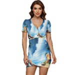 Delicate Watercolor Painting Surreal Oasis Scene With Intense Dramatic Lighting Low Cut Cap Sleeve Mini Dress