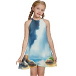 Delicate Watercolor Painting Surreal Oasis Scene With Intense Dramatic Lighting Kids  Halter Collar Waist Tie Chiffon Dress