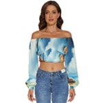 Delicate Watercolor Painting Surreal Oasis Scene With Intense Dramatic Lighting Long Sleeve Crinkled Weave Crop Top