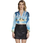 Delicate Watercolor Painting Surreal Oasis Scene With Intense Dramatic Lighting Long Sleeve Tie Back Satin Wrap Top