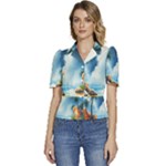 Delicate Watercolor Painting Surreal Oasis Scene With Intense Dramatic Lighting Puffed Short Sleeve Button Up Jacket