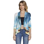 Delicate Watercolor Painting Surreal Oasis Scene With Intense Dramatic Lighting Women s 3/4 Sleeve Ruffle Edge Open Front Jacket