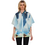 Delicate Watercolor Painting Surreal Oasis Scene With Intense Dramatic Lighting Women s Batwing Button Up Shirt