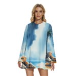 Delicate Watercolor Painting Surreal Oasis Scene With Intense Dramatic Lighting Round Neck Long Sleeve Bohemian Style Chiffon Mini Dress