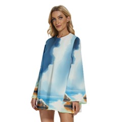 Round Neck Long Sleeve Bohemian Style Chiffon Mini Dress 