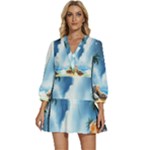 Delicate Watercolor Painting Surreal Oasis Scene With Intense Dramatic Lighting V-Neck Placket Mini Dress