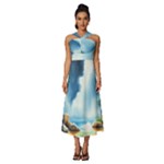 Delicate Watercolor Painting Surreal Oasis Scene With Intense Dramatic Lighting Sleeveless Cross Front Cocktail Midi Chiffon Dress