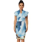 Delicate Watercolor Painting Surreal Oasis Scene With Intense Dramatic Lighting Vintage Frill Sleeve V-Neck Bodycon Dress