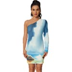 Delicate Watercolor Painting Surreal Oasis Scene With Intense Dramatic Lighting Long Sleeve One Shoulder Mini Dress