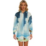 Delicate Watercolor Painting Surreal Oasis Scene With Intense Dramatic Lighting Womens Long Sleeve Shirt Dress