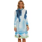 Delicate Watercolor Painting Surreal Oasis Scene With Intense Dramatic Lighting Long Sleeve Shirt Collar A-Line Dress