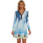 Delicate Watercolor Painting Surreal Oasis Scene With Intense Dramatic Lighting Long Sleeve Deep V Mini Dress 