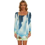 Delicate Watercolor Painting Surreal Oasis Scene With Intense Dramatic Lighting Long Sleeve Square Neck Bodycon Velvet Dress