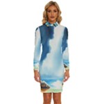 Delicate Watercolor Painting Surreal Oasis Scene With Intense Dramatic Lighting Long Sleeve Shirt Collar Bodycon Dress