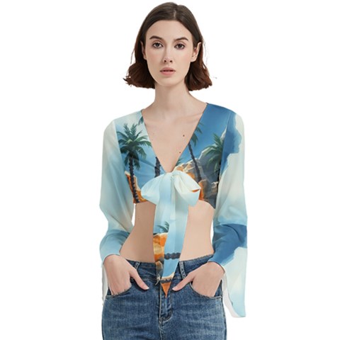 Delicate Watercolor Painting Surreal Oasis Scene With Intense Dramatic Lighting Trumpet Sleeve Cropped Top from ArtsNow.com