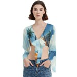 Delicate Watercolor Painting Surreal Oasis Scene With Intense Dramatic Lighting Trumpet Sleeve Cropped Top