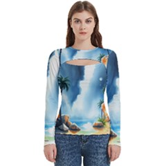 Delicate Watercolor Painting Surreal Oasis Scene With Intense Dramatic Lighting Women s Cut Out Long Sleeve T