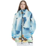 Delicate Watercolor Painting Surreal Oasis Scene With Intense Dramatic Lighting Women s Multi Pockets Zip Ski and Snowboard Waterproof Breathable Jacket