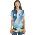 Delicate Watercolor Painting Surreal Oasis Scene With Intense Dramatic Lighting Women s Zip Front V-Neck Short Sleeve Casual Top Pocket Shirt