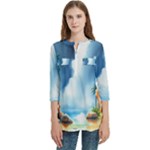 Delicate Watercolor Painting Surreal Oasis Scene With Intense Dramatic Lighting Women s Zip Front V-Neck 3/4 Sleeve Casual Top Pocket Shirt