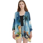 Delicate Watercolor Painting Surreal Oasis Scene With Intense Dramatic Lighting Open Front 3/4 Sleeve Batwing Chiffon Cardigan Kimono