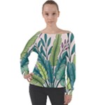 Illustrations Plants Nature Leaves Off Shoulder Long Sleeve Velour Top