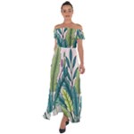 Illustrations Plants Nature Leaves Off Shoulder Open Front Chiffon Dress