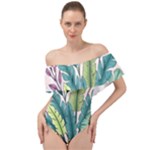 Illustrations Plants Nature Leaves Off Shoulder Velour Bodysuit 