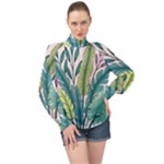 Illustrations Plants Nature Leaves High Neck Long Sleeve Chiffon Top